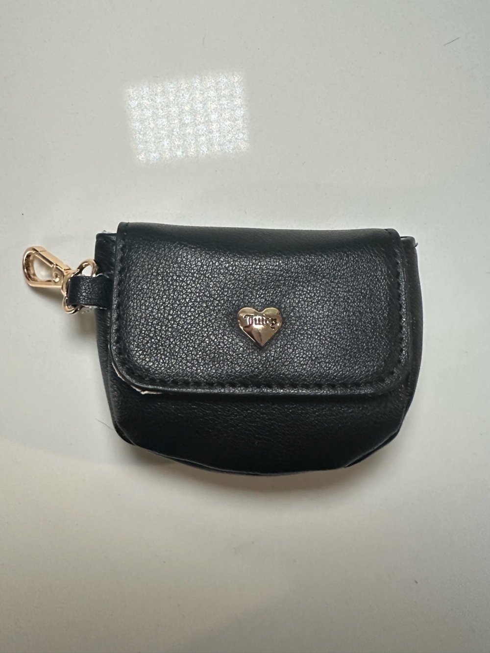 NWOT Juicy Couture Black Leatherette Mini Pouch Keychain with Gold Heart Accent